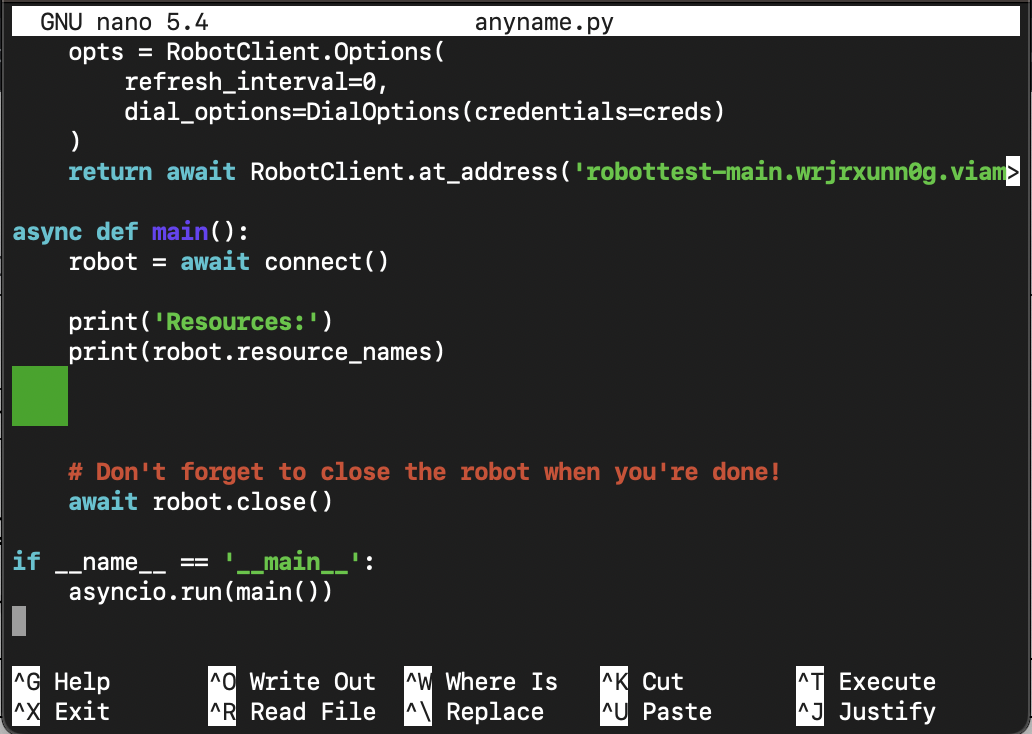 Raspberry Pi terminal showing the connect code from the previous example.